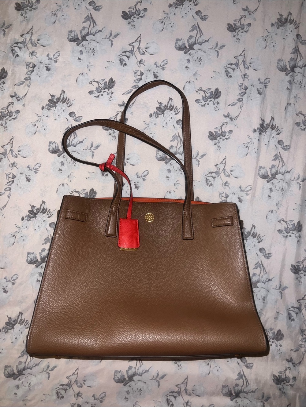 Tory Burch Walker Brown Leather Satchel with gold hard ware and orange Accent